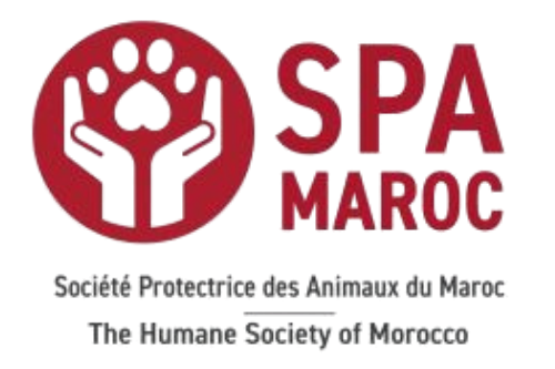 Logotipo de la SPA Maroc, con manos y una huella animal en color rojo.