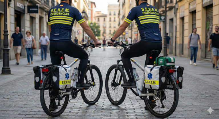 Unidad ciclista Dos ciclistas uniformados de emergencias en una calle urbana.