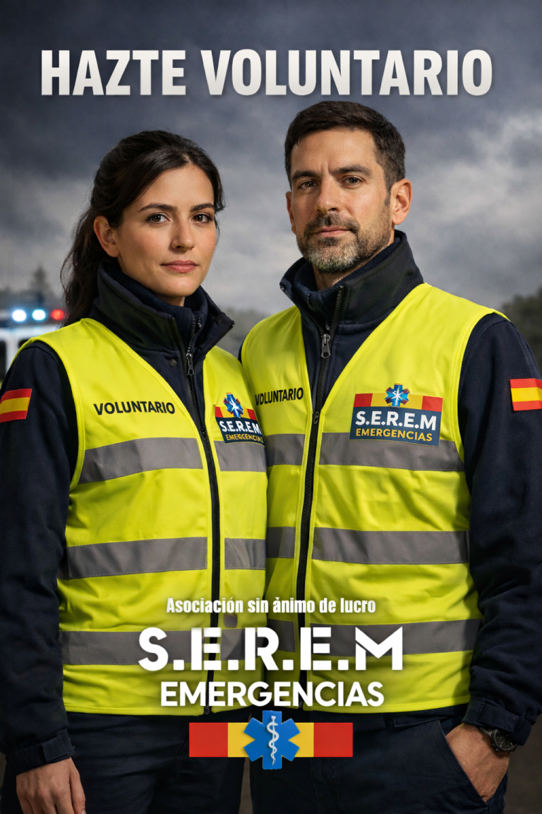 Dos voluntarios en chalecos reflectantes, sonrientes, con el logo de S.E.R.E.M. Emergencias.