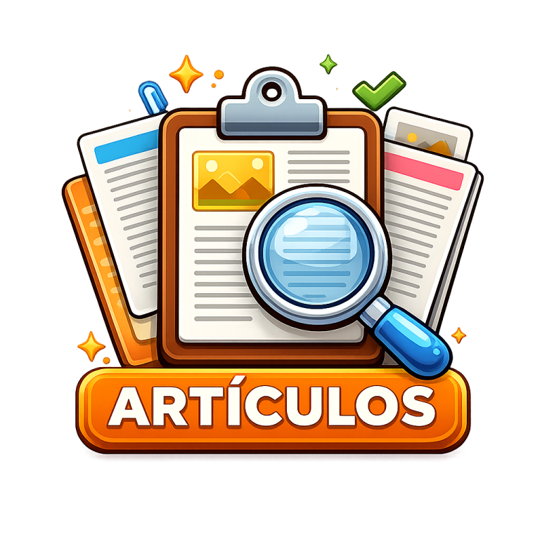 Icono de artículos con un portapapeles, lupa y documentos en fondo colorido.