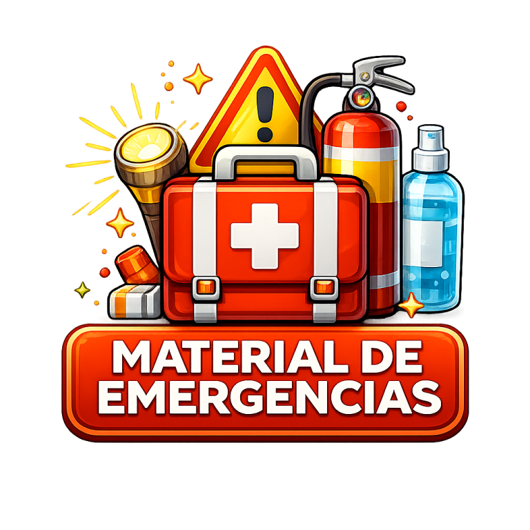 Icono de material de emergencias, incluyendo botiquín, extinguidor y linterna.