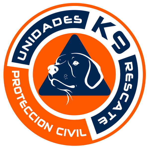 Logotipo de Unidades K9 de Rescate de Protección Civil, con la silueta de un perro.