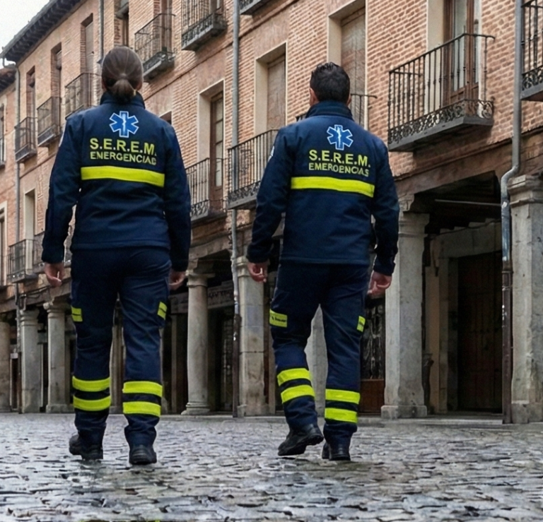 Voluntarios calle Mayor Dos rescatistas de espaldas en una calle empedrada, vistiendo uniformes de emergencia.