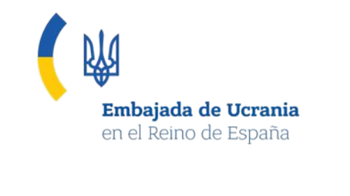 Logo de la Embajada de Ucrania en España, con los colores de la bandera y un tridente.