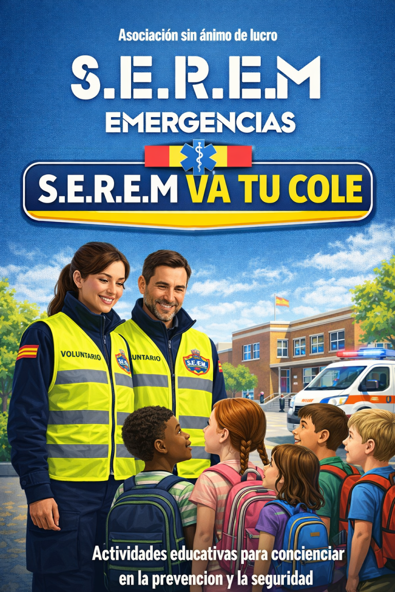 Equipo de emergencia hablando con niños frente a una escuela.