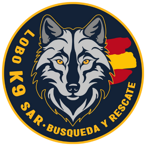 Logotipo de Lobo K9 SAR, con un lobo y los colores de la bandera española.